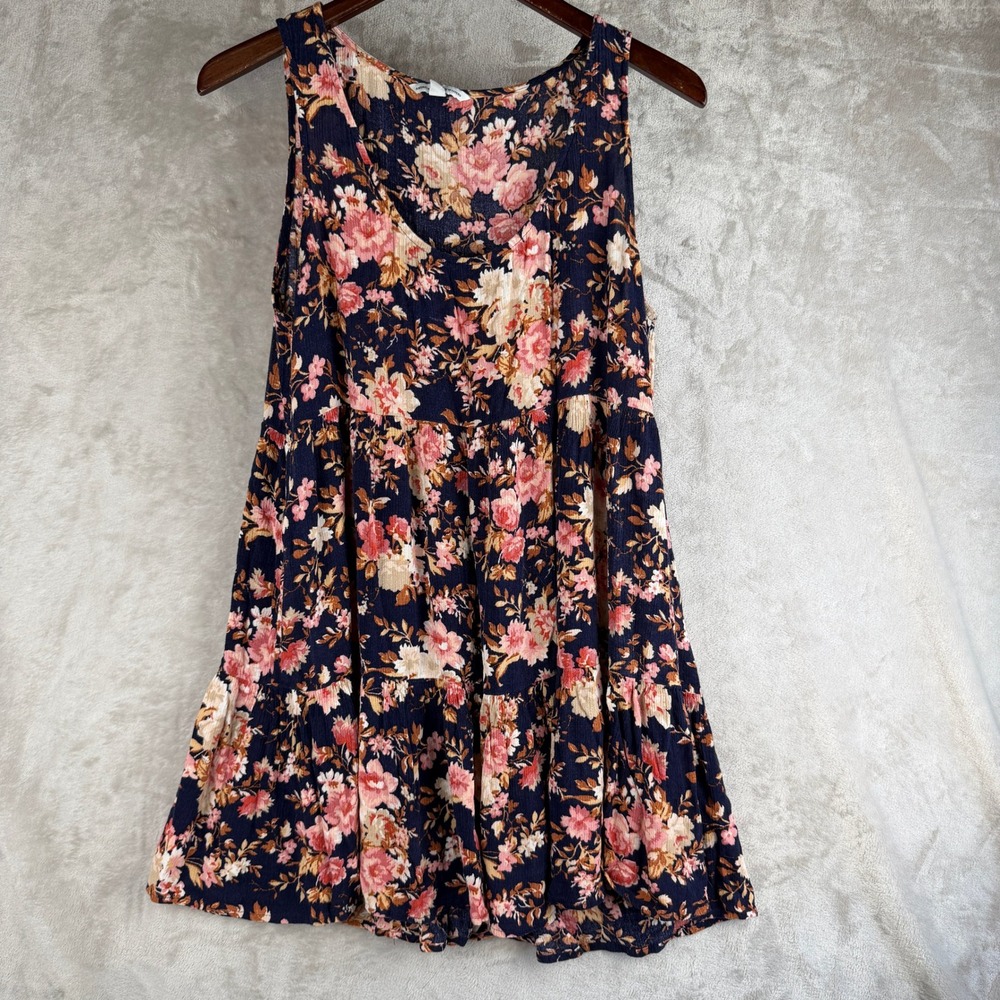 American Eagle Navy Pink Floral Tiered Babydoll Mini Dress Sleeveless Large